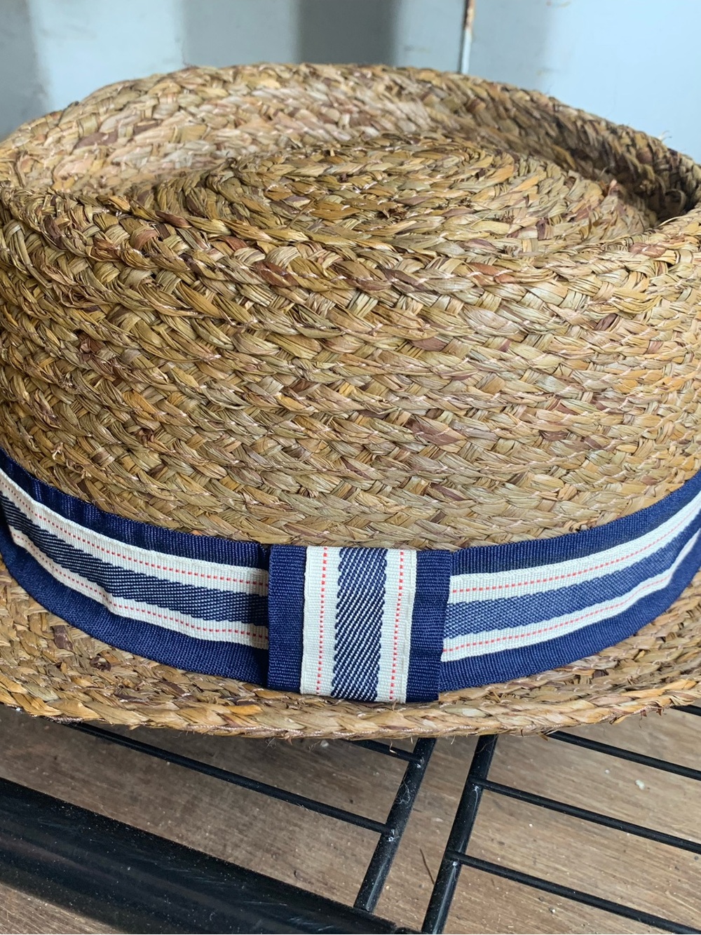 Men's Straw Boater Hat with Blue Stripe Band
